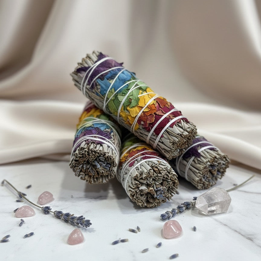 Atado de salvia blanca y pétalos de rosa